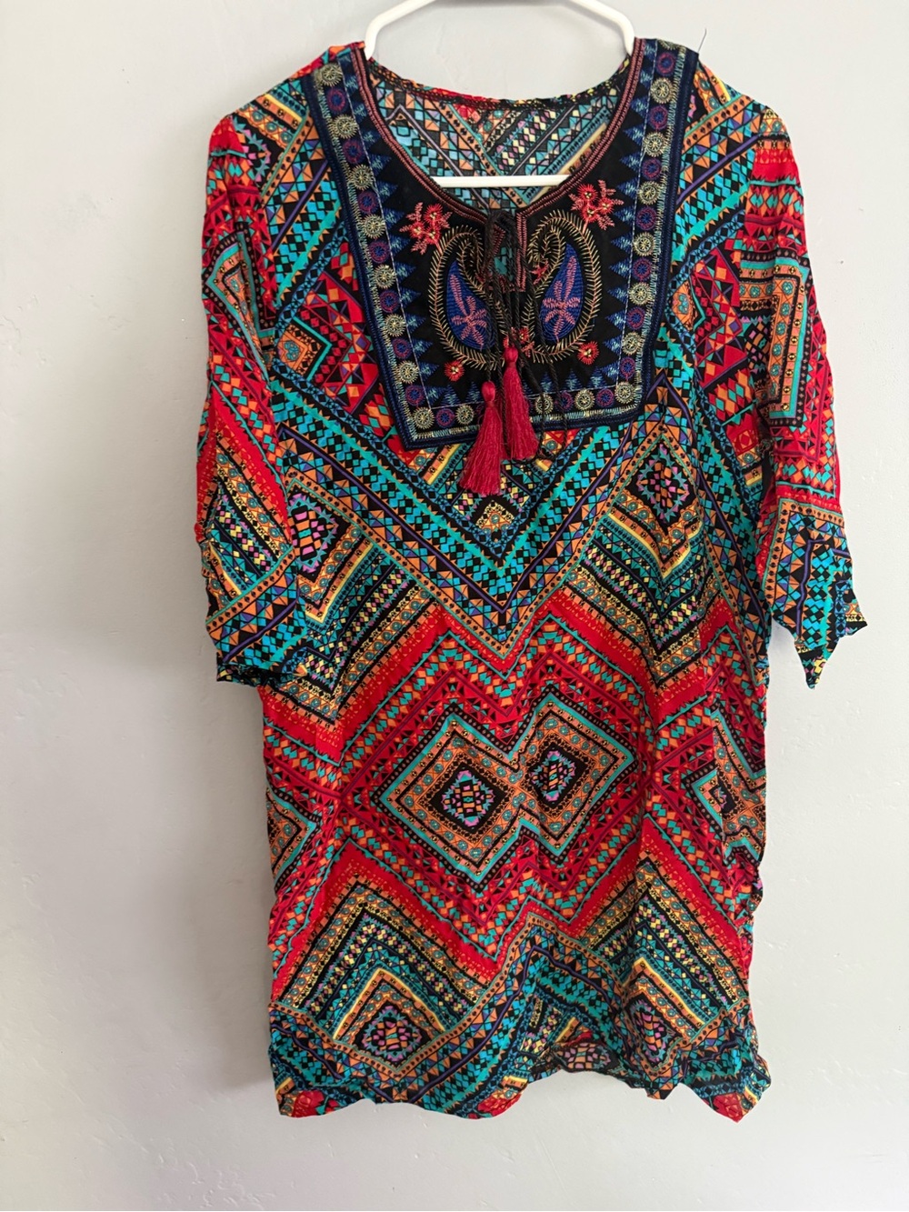 Embroidered Geo Print Mini Dress in Red & Teal